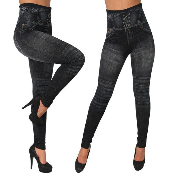 Seamless Cotton Faux Denim Cutout Leggings