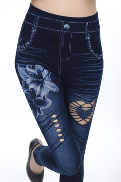 Seamless Cotton Faux Denim Cutout Leggings