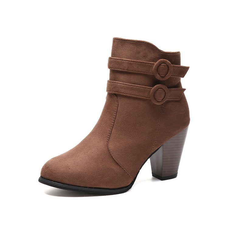 Pointed Thick Heel Suede Short Side Zipper Women's Boots