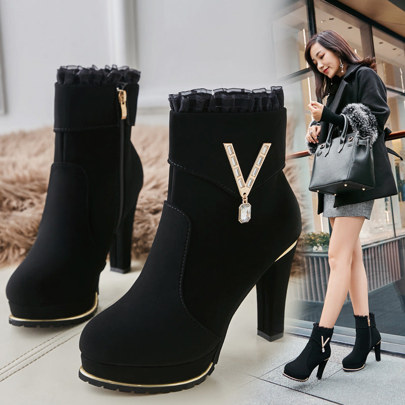 Warm Fashion Boots Thick Heel Solid Color Side Zipper Waterproof Women's Short Boots