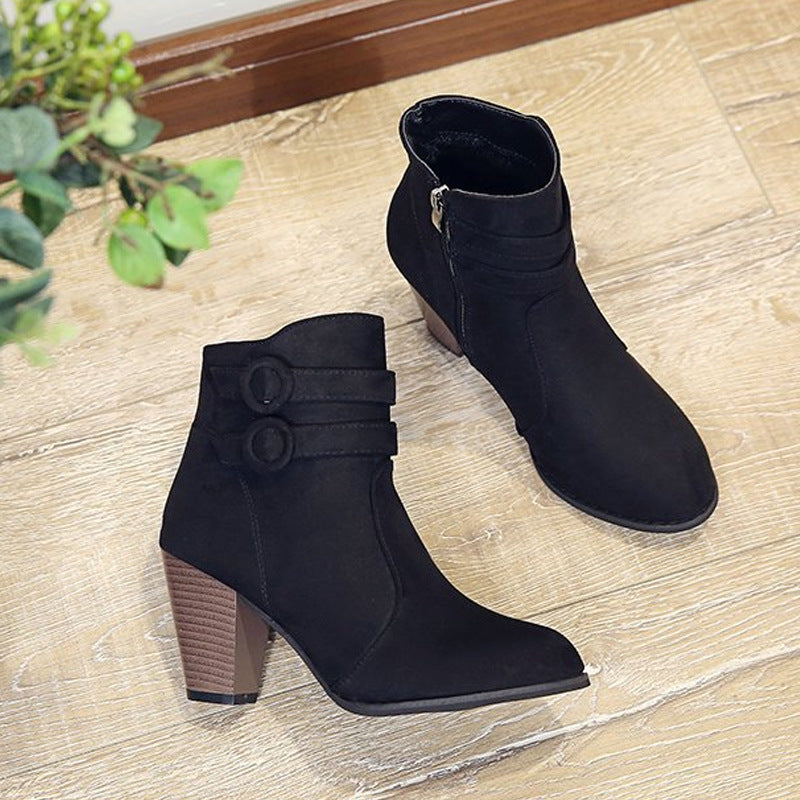 Pointed Thick Heel Suede Short Side Zipper Women's Boots