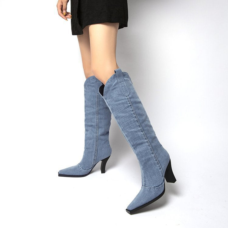 Chunky Western Cowboy Pointed Toe Below The Knee Knight Boots