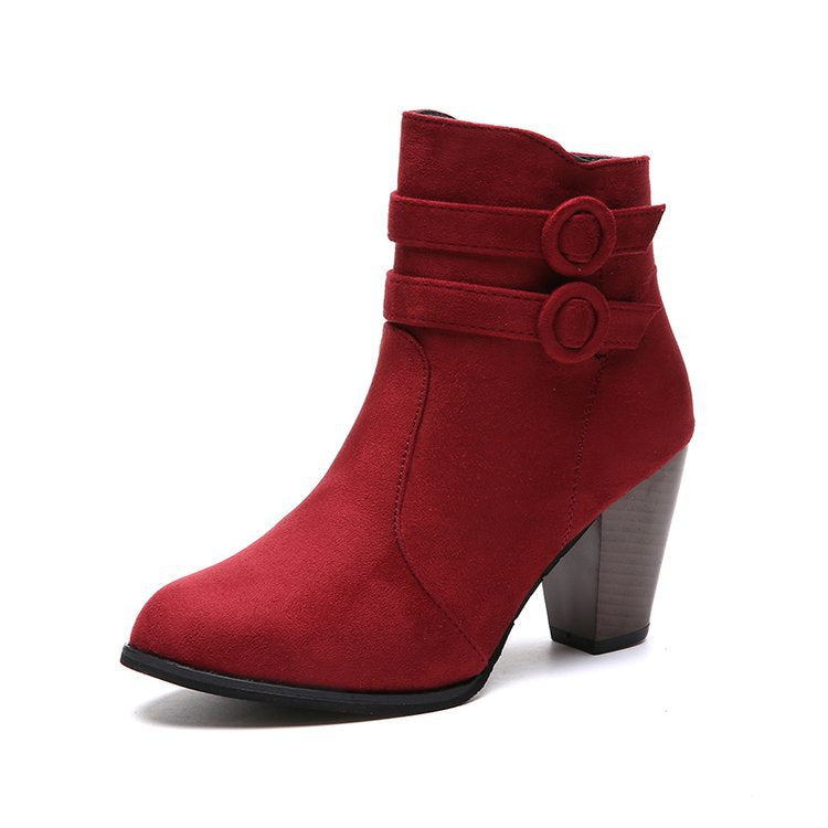 Pointed Thick Heel Suede Short Side Zipper Women's Boots