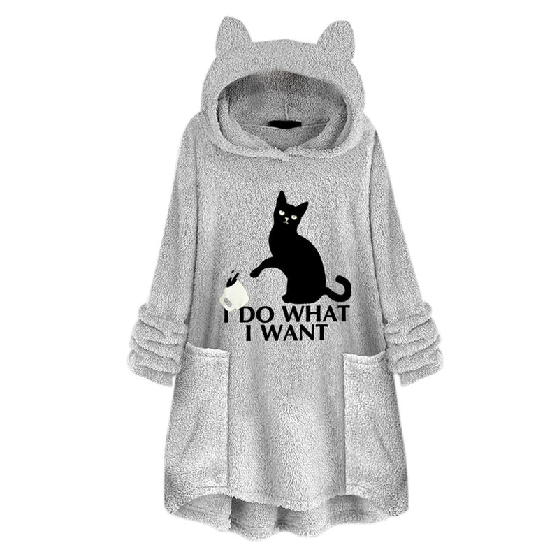 Hooded Pullover Cat Print Long Sleeved Reversible Velvet Sweater