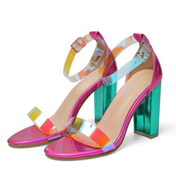 Slotted high-heeled sandals with round toe