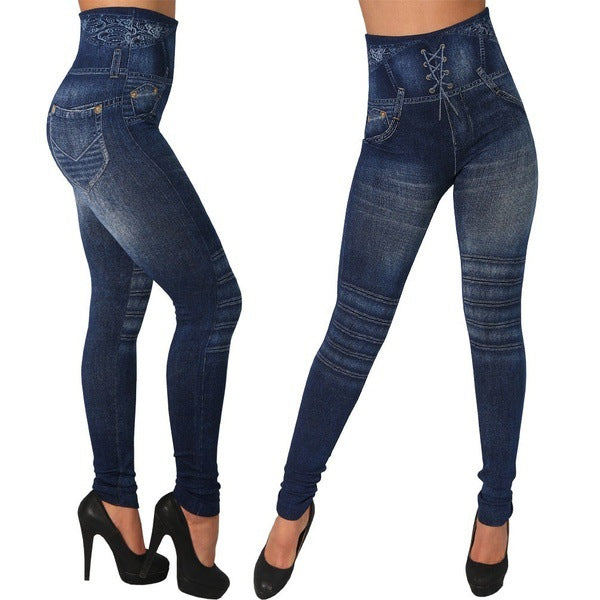 Seamless Cotton Faux Denim Cutout Leggings