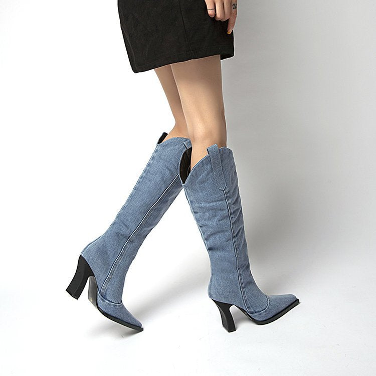 Chunky Western Cowboy Pointed Toe Below The Knee Knight Boots