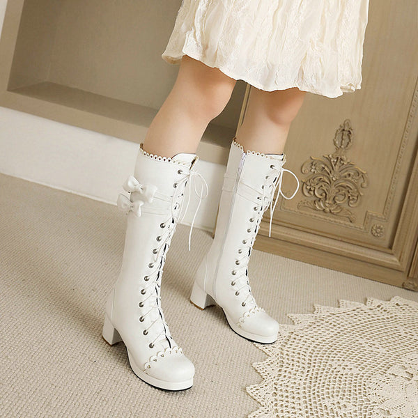 Round Head Thick High Heel Knee High Boots Lolita