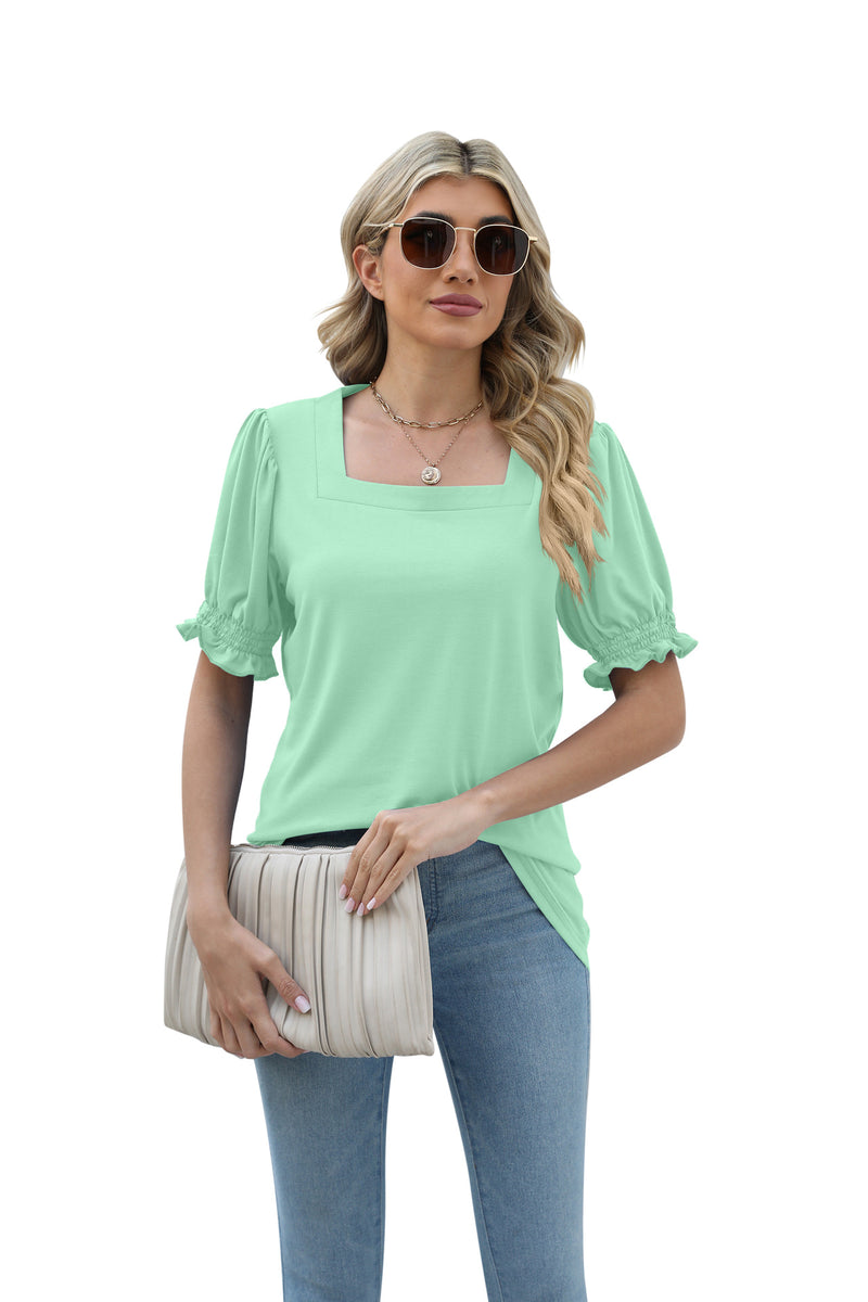 European And American New Solid Color Square Collar Short Sleeve Smocking Loose T-shirt