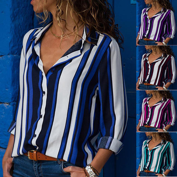 Contrast Color Striped Long Sleeve Multi-color Shirt Women's Top