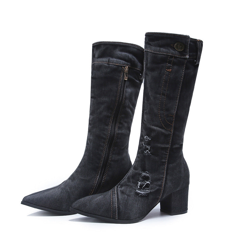 Pointed Toe Thick Heel Denim High Boots For Women