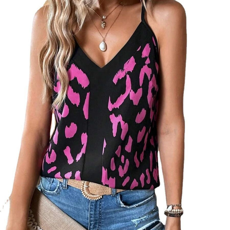 Summer Women's Leopard Print Stitching Spaghetti-strap Camisole Top