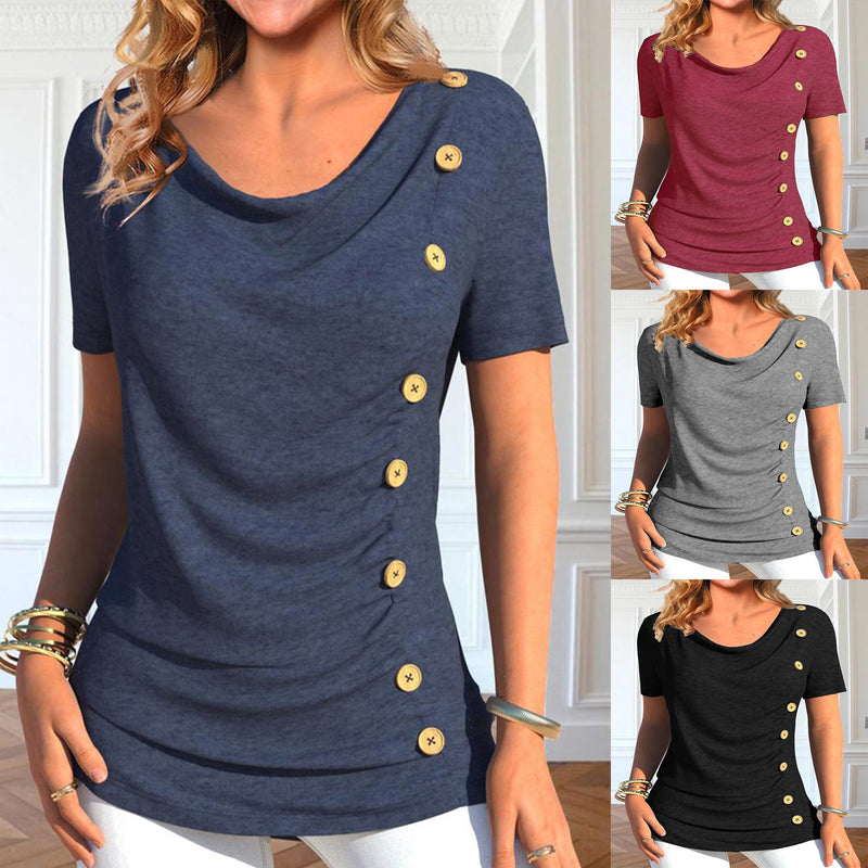 European And American Leisure Short Sleeve Button Solid Color T-shirt