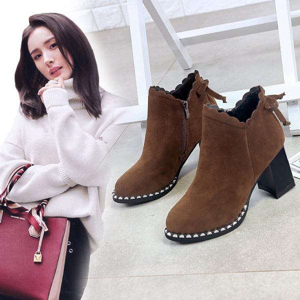 2021 female short boots new autumn winter warm Martin boots bows ornament high heels European shoes