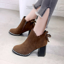 2021 female short boots new autumn winter warm Martin boots bows ornament high heels European shoes