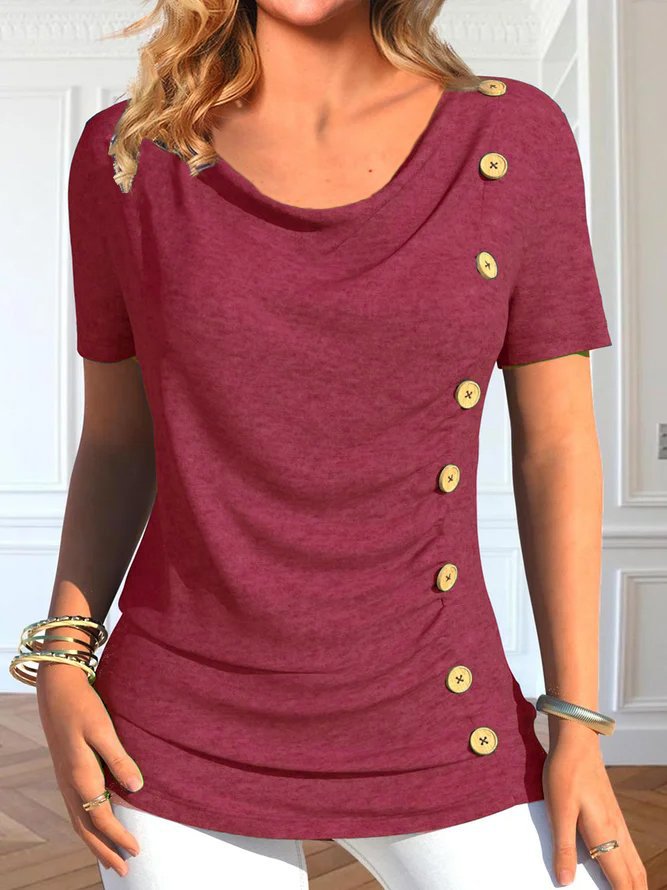 European And American Leisure Short Sleeve Button Solid Color T-shirt