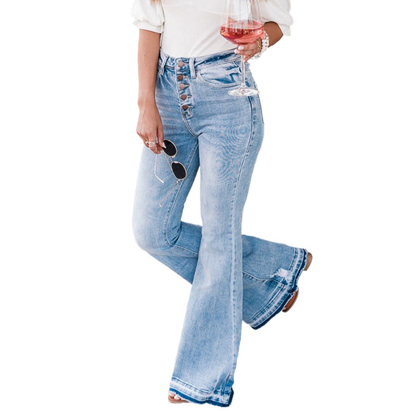 Autumn New Solid Color High Waist Denim Casual Versatile Buttons Slim Fit Bell-bottom Pants