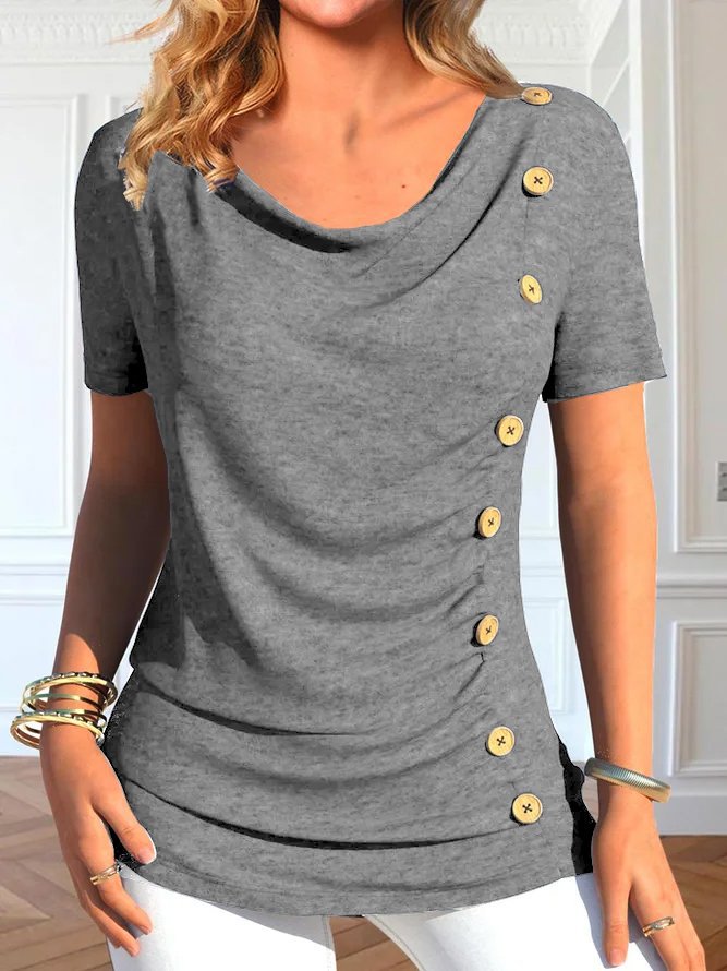 European And American Leisure Short Sleeve Button Solid Color T-shirt