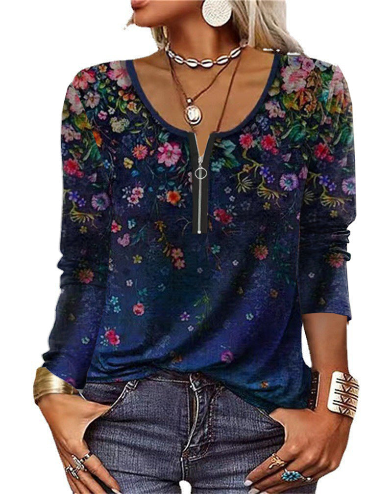 Women's Graceful And Fashionable Long Sleeve Zip Ethnic T-shirt