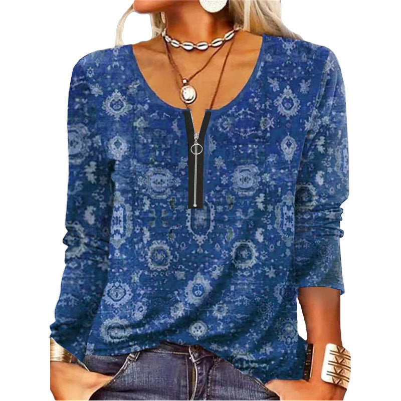 Women's Graceful And Fashionable Long Sleeve Zip Ethnic T-shirt