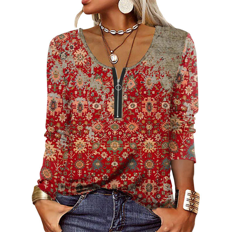 Women's Graceful And Fashionable Long Sleeve Zip Ethnic T-shirt