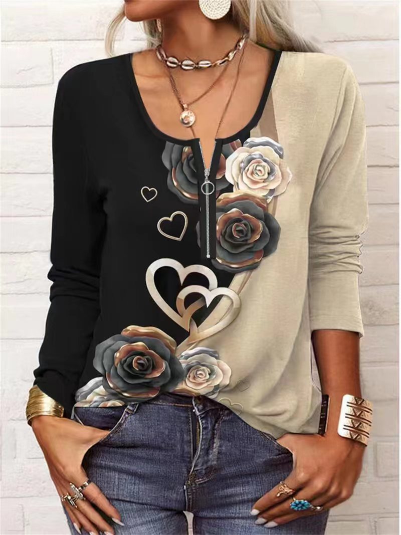 Women's Graceful And Fashionable Long Sleeve Zip Ethnic T-shirt