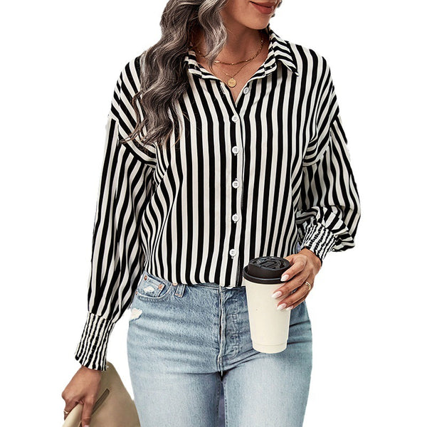 New European And American Long-sleeved Commuter Striped Shirt For Women