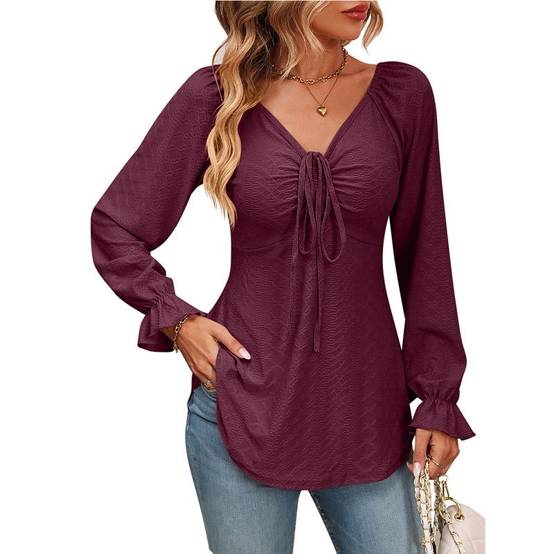 New European And American V-neck Drawstring Waist Sexy Long Sleeve Solid Color T-shirt