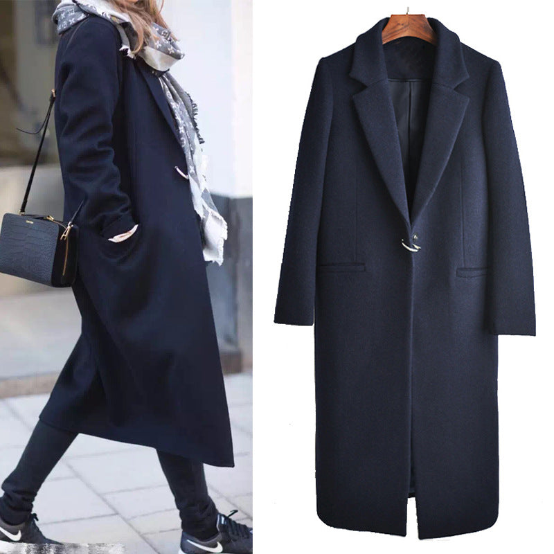 Ladies Over-knee Slimming Suit Collar Padded Woolen Coat