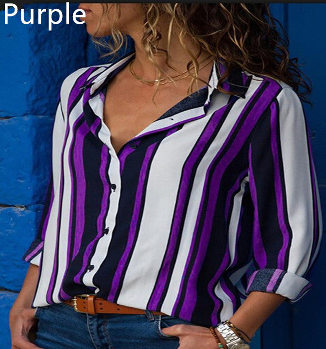 Contrast Color Striped Long Sleeve Multi-color Shirt Women's Top