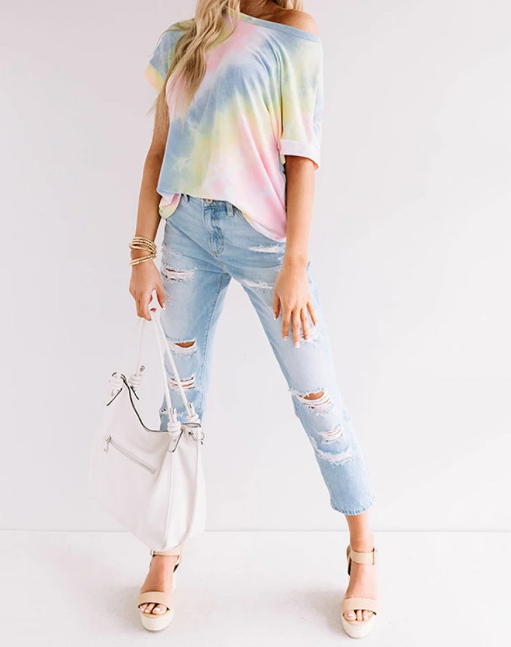 Tie-dye Gradient Rainbow T-shirt Women's Clothing