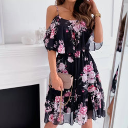 Flower Printed Dress Summer V-neck Stitching Off-the-shoulder Strap Dress