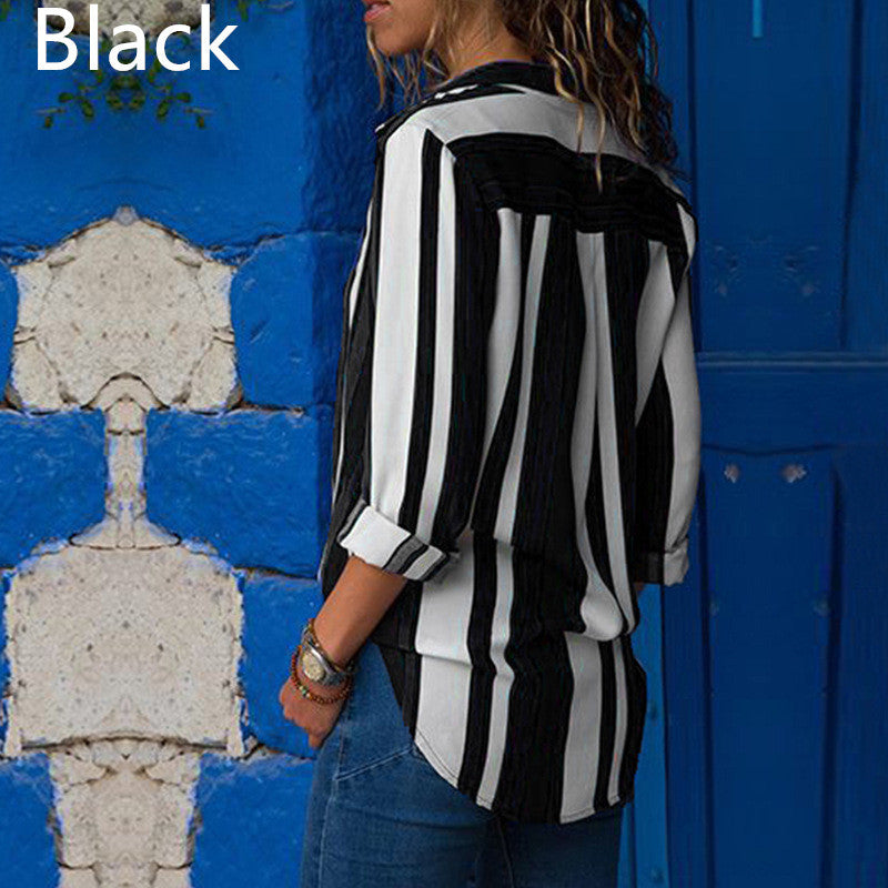 Contrast Color Striped Long Sleeve Multi-color Shirt Women's Top