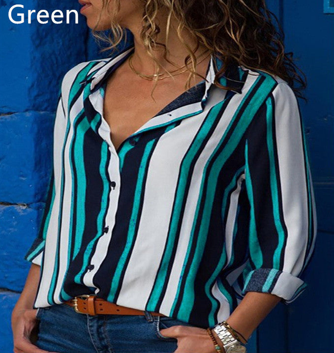 Contrast Color Striped Long Sleeve Multi-color Shirt Women's Top