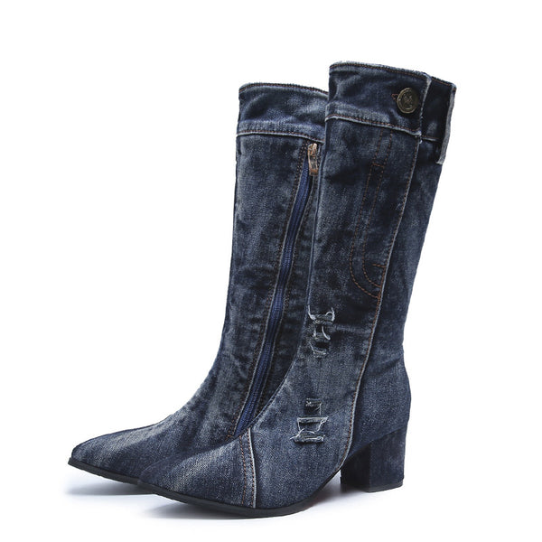 Pointed Toe Thick Heel Denim High Boots For Women