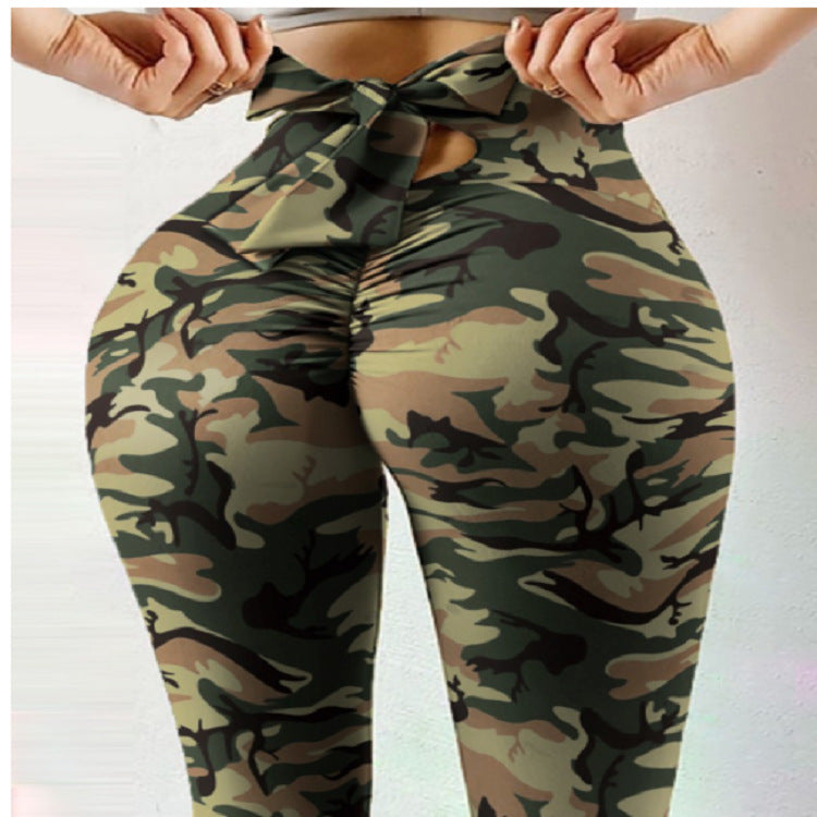 Bow Knot Cutout Skinny Camouflage Print High Waisted Belly Lifting