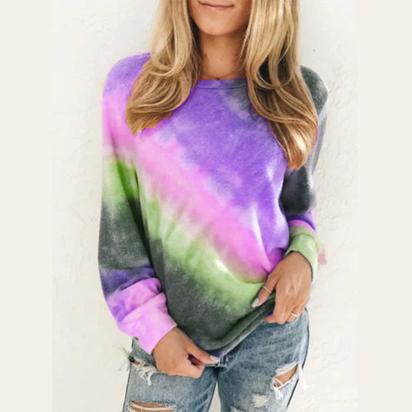 Fashion Tie Dye Rainbow Casual Long Sleeve T-shirt for Women